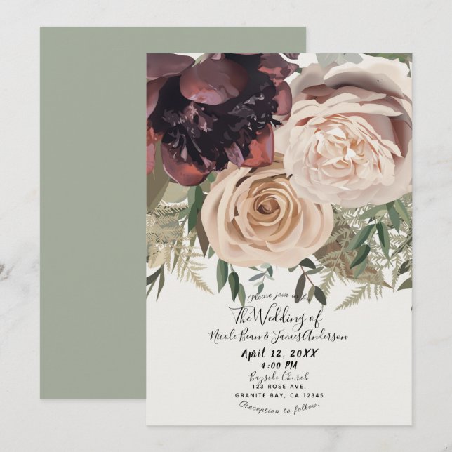 Convite Flores Florais Rosadas Glam Botânica Casamento (Frente/Verso)