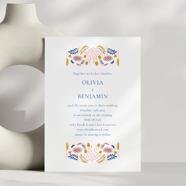Convite Flores Folclóricas Escandinavas Casamento Chic Azu (Criador carregado)