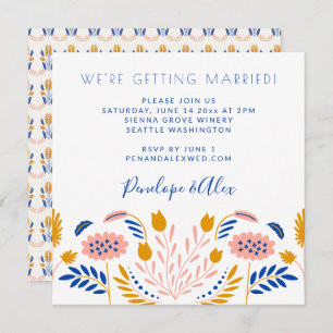 Convite Flores Folclóricas Scandi em Casamento Casual Azul