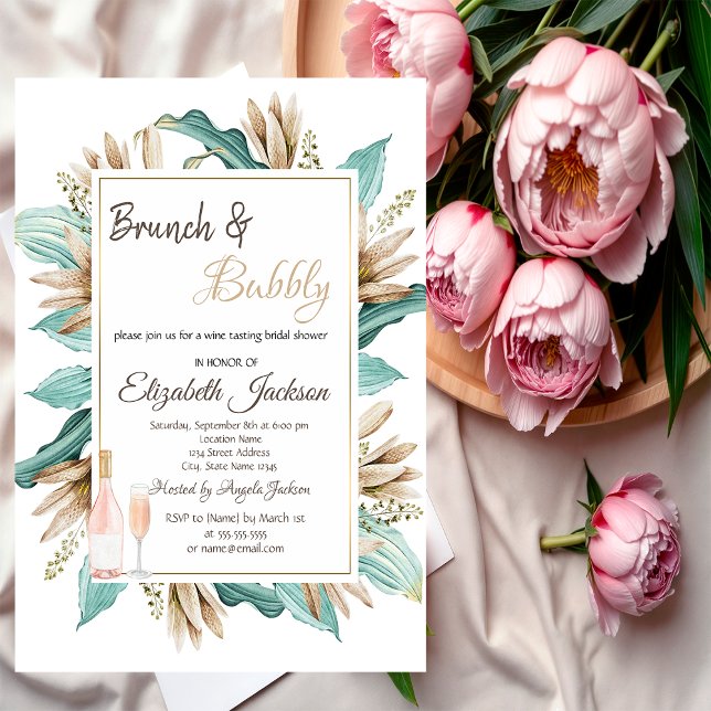 Convite Flores Folhas Brunch & Champanhe Champagne Festa d (Criador carregado)