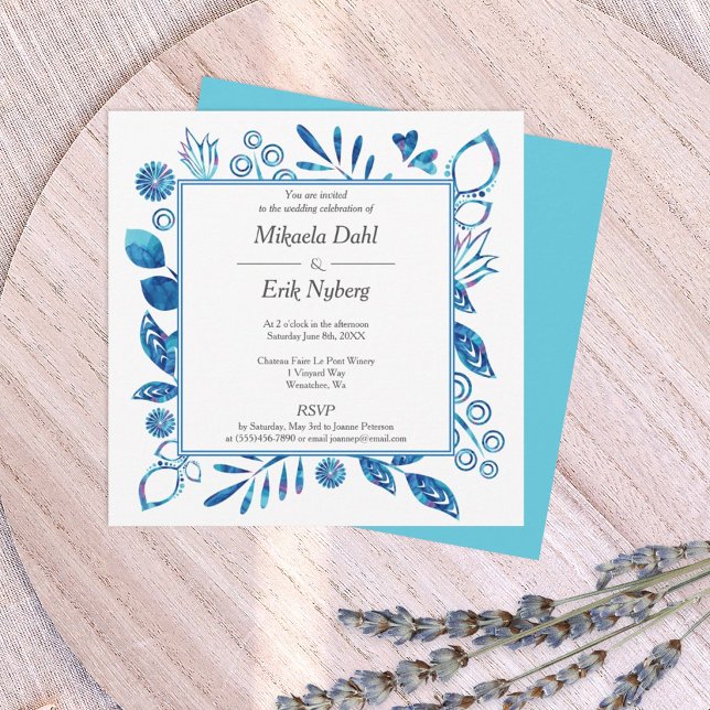 Convite Flores Folhas Corações Azuis e Turquesa (royal blue and turquoise floral wedding invitations, square decorative border frame with vines)