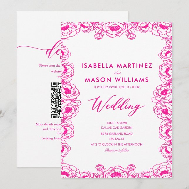 Convite flores francesas rosa minimal clássico casamento (Frente/Verso)
