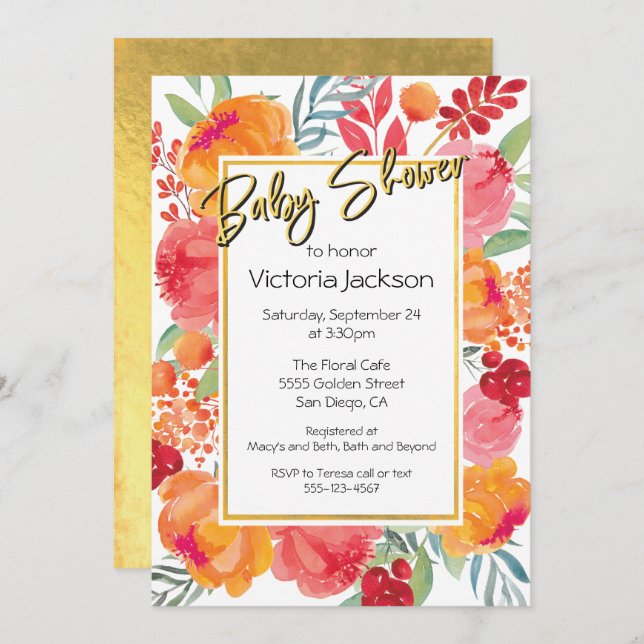 Convite Flores Frescas, aquarela, Bebês, Chuveiros (Frente/Verso)