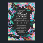 Convite Flores Girly Butterfly Deixam Watercolor Sweet 16<br><div class="desc">Este elegante e giro convite de aniversário de dezesseis anos é perfeito para o 16º aniversário da sua filha. Apresenta borboletas modernas e artísticas, pretas e vibrantes e coloridas sobre flores e folhas pintadas à mão e uma espessa borda dourada com fundo preto colorido. O esquema de cores inclui: rosa,...</div>