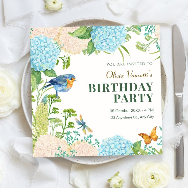 Convite Flores Hortênsia Pássaro Borboleta aniversário (Criador carregado)