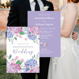 Convite Flores Hydrangea, Púrpura Suave, Azul, Casamento