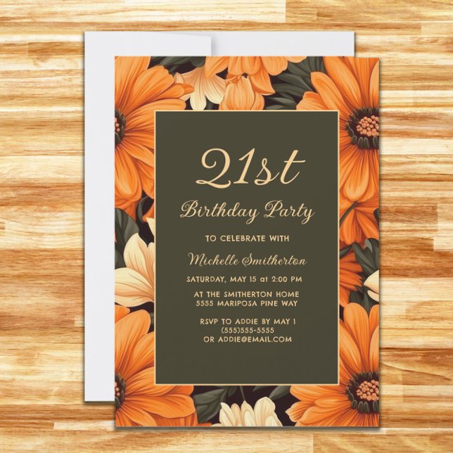 Convite Flores Laranja De Idade, Aniversário Castanho (Elegant orange flowers on brown birthday party invitation)