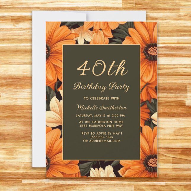 Convite Flores Laranja De Qualquer Idade aniversário de 40 (Orange flowers on brown 40th birthday party invitation)