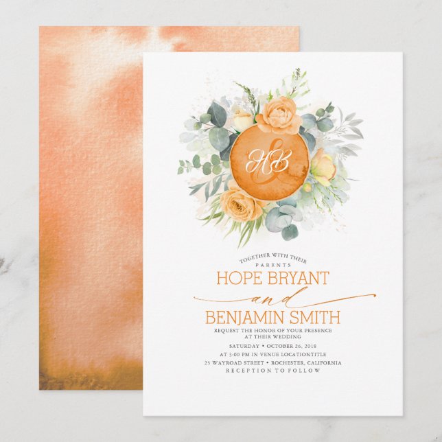 Convite Flores Laranja e Casamento Eucalyptus Greenery (Frente/Verso)
