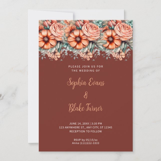 Convite Flores Laranja e Casamento Marrom Verde (Frente)