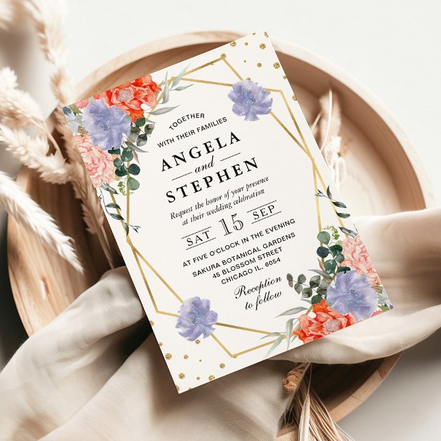 Convite Flores Laranja e Roxo Casamento Dourado em (Criador carregado)