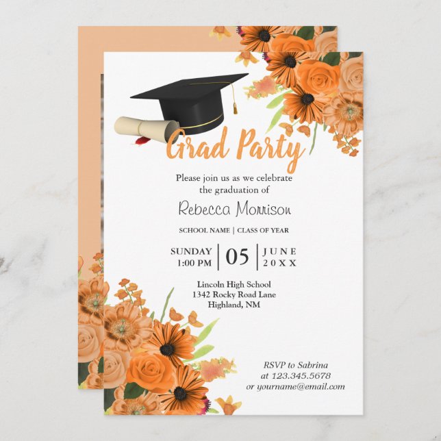 Convite Flores Laranja 🎓 Graduação (Frente/Verso)
