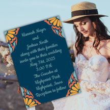 Flores Laranja-Groovy no Casamento Azul Profundo