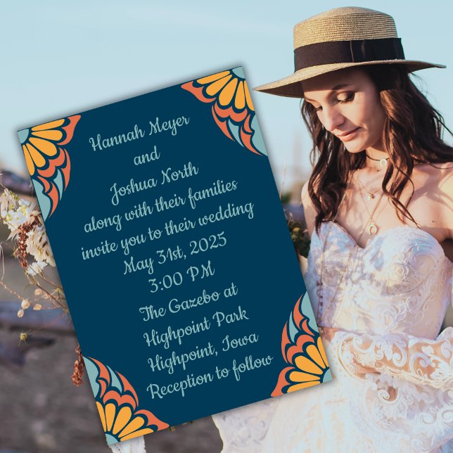 Convite Flores Laranja-Groovy no Casamento Azul Profundo (Criador carregado)
