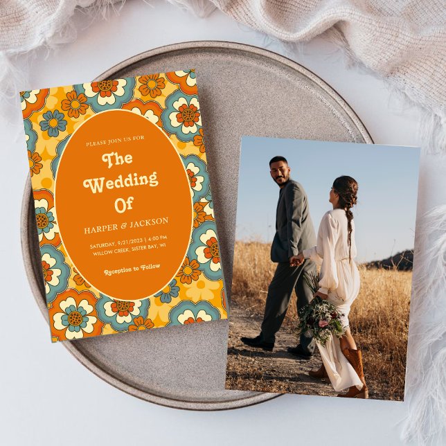 Convite Flores Laranja Negras Retro Casamento Fotográfico  (Criador carregado)