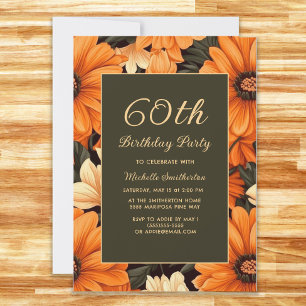 Convite Flores Laranja Qualquer Idade Marrom 60º Aniversár