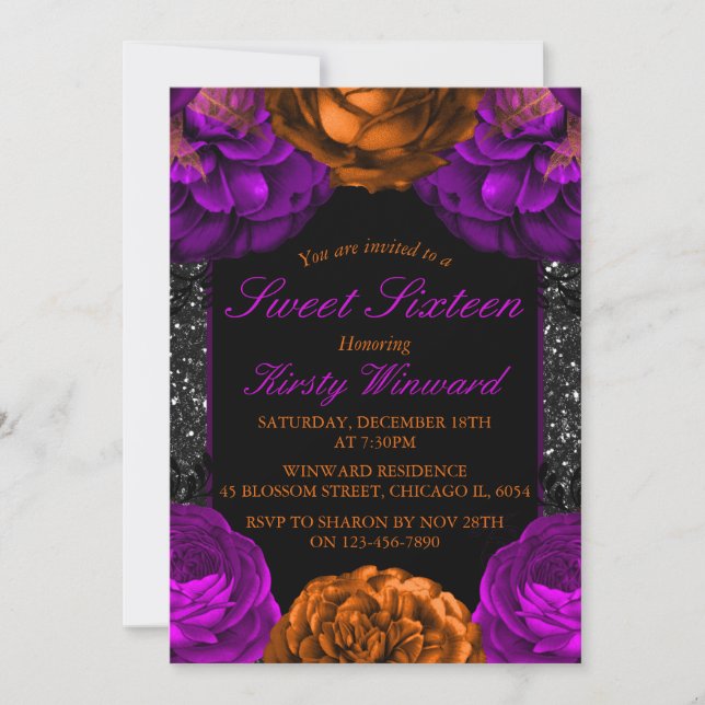 Convite Flores Laranja Roxo Halloween Doce 16 (Frente)