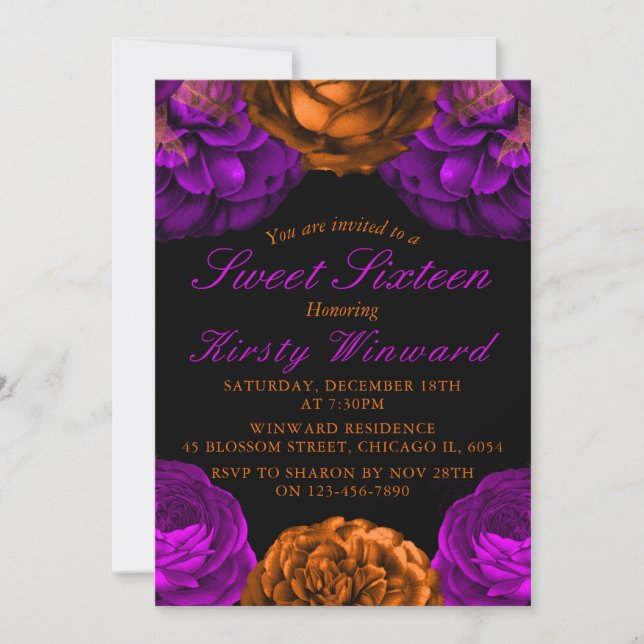 Convite Flores Laranja Roxo Halloween Doce 16 (Frente)