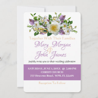 Convite Flores Lavanda Dourado e Branco Com Anel