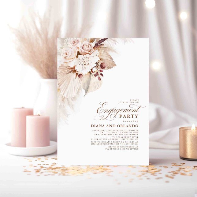 Convite Flores Leves Festa de noivado de Boho de Grama Pam (Elegant Cream and Blush Flowers Engagement Party Invitations)
