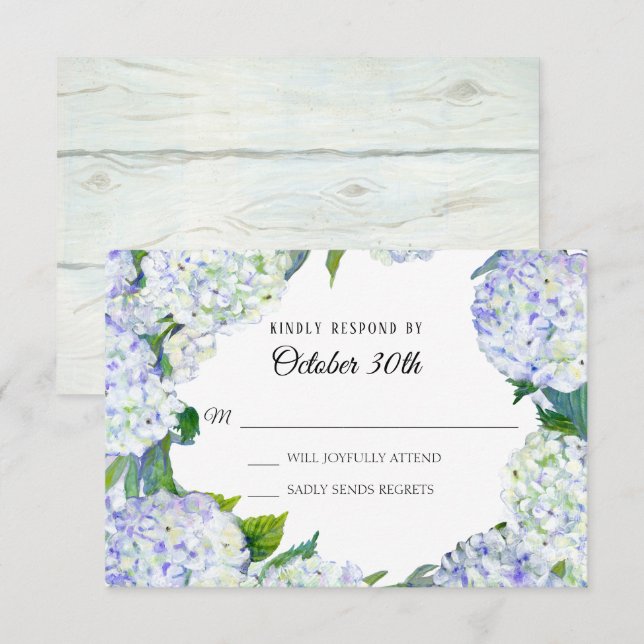 Convite Flores Lilac White Hydrangea w Wood RSVP Casamento (Frente/Verso)