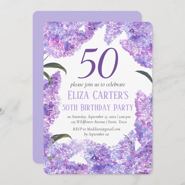Convite Flores Lilás Roxas 50º Aniversário (Frente/Verso)