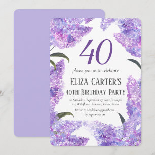 Convite Flores Lilás Roxas aniversário de 40 anos 40 Elega