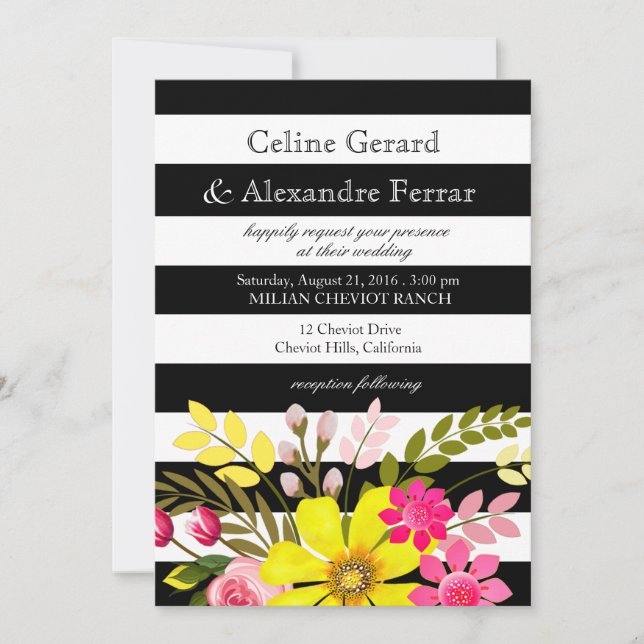 Convite Flores listradas pretas e brancas Casamento amarel (Frente)