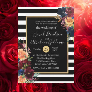 Convite Flores Listras Pretas e Brancas Casamento Vermelho