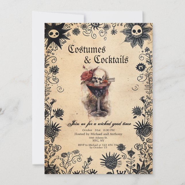 Convite Flores Loucas E Festa De Halloween De Scull Costum (Frente)