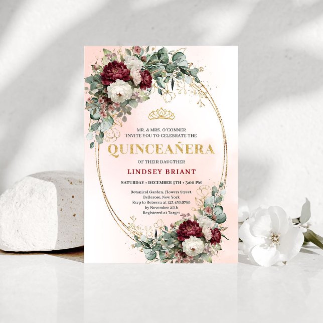 Convite Flores Macias de Marsala Dourado Aniversário de 15 (Soft Bohemian Marsala Flowers Gold 15th Birthday Invite)
