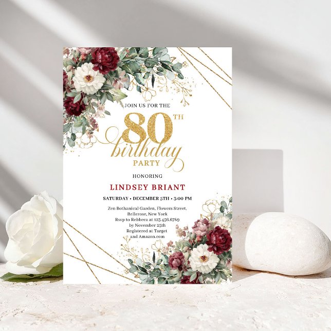 Convite Flores Marrom Bordeaux Aniversário de 80 anos (Maroon Burgundy Flowers 80th Birthday)