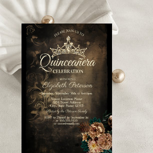 Convite Flores Marrons Damask Escuro Gótico Quinceañera