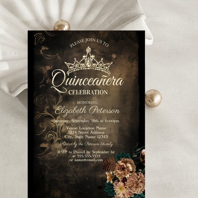 Convite Flores Marrons Damask Escuro Gótico Quinceañera  (Criador carregado)
