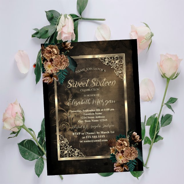 Convite Flores Marrons Douradas Quadro Gótico Doce 16 (Criador carregado)