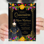 Convite Flores mexicanas com Quinceañera Dourada<br><div class="desc">Flores mexicanas com Dourada Quinceañera Invitation Mis Quince Anos,  15 Birthday</div>