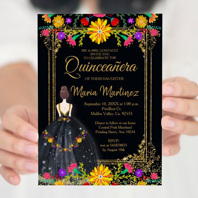 Convite Flores mexicanas com Quinceañera Dourada (Criador carregado)