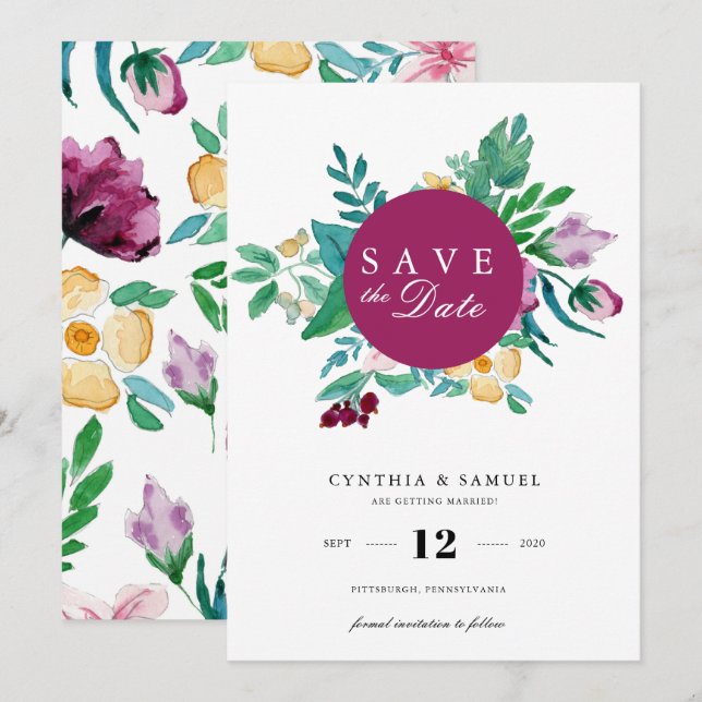 Convite Flores Modernas de Aquarela para Salvar a Data (Frente/Verso)