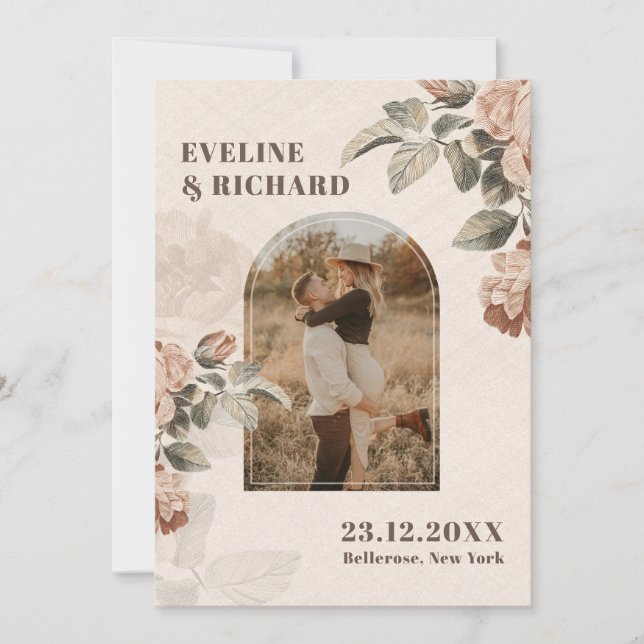 Convite Flores modernas de terracota arqueadas com folhas  (Frente)