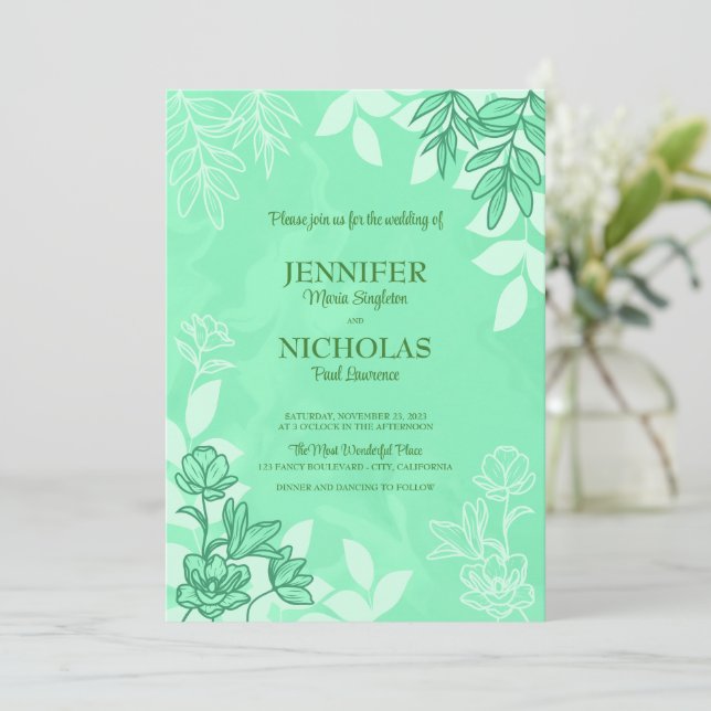 Convite Flores Modernas e Folhas de Ornamento para Casamen (Em pé/Frente)