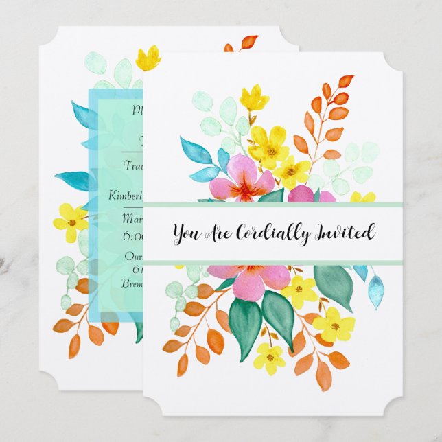 Convite Flores Modernas em Aquarela em Cores Vibrantes (Frente/Verso)