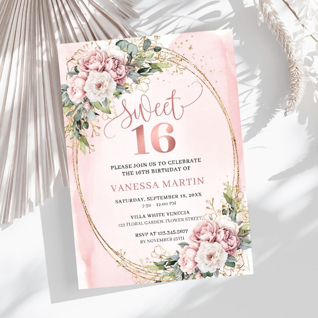 Convite Flores Modernas em Dourado Rosa Eucalipto Aniversá (Modern Rose Gold Flowers Eucalyptus 16th Birthday Invitation

)