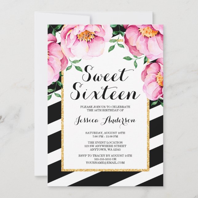 Convite Flores Modernas em Listras de Aquarela Sweet 16 (Frente)