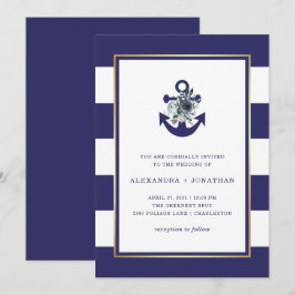 Convite Flores Náuticas | Marinho Blue Floral Stripe Wedes