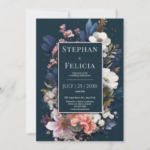 Convite Flores Navais de Meia-Noite para Casamento Floral