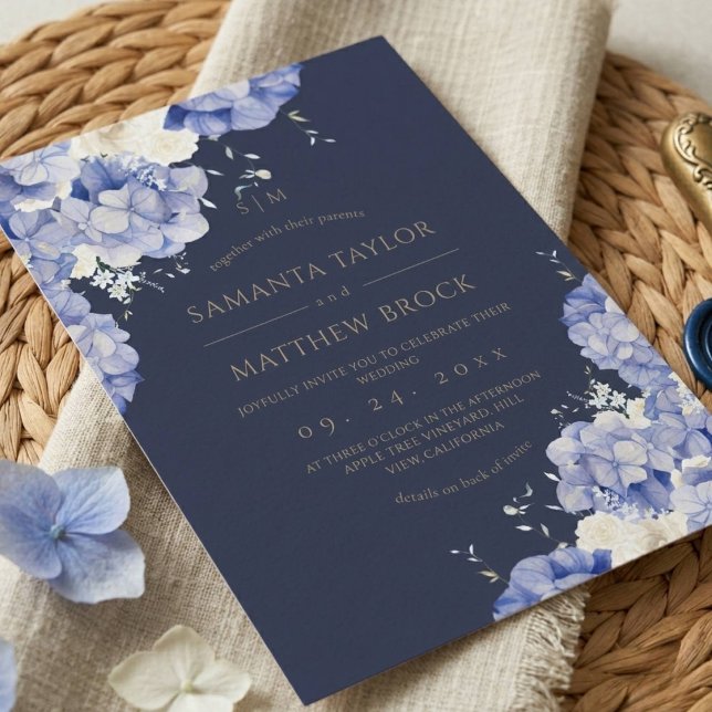 Convite Flores Navy ⎮Elegante Tudo em Um (Criador carregado)