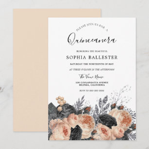 Convite Flores Negras e Pêssegos Elegantes Quinceanera