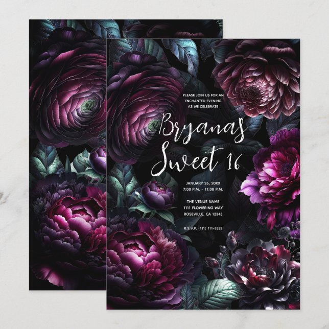 Convite Flores Negras Encantadas Ousadas Moody Doce 16 Flo (Frente/Verso)
