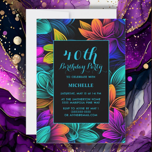 Convite Flores Neon Laranja Teal Roxo Aniversário de 40 an (Neon purple, yellow, and teal 40th birthday party invitation
)
