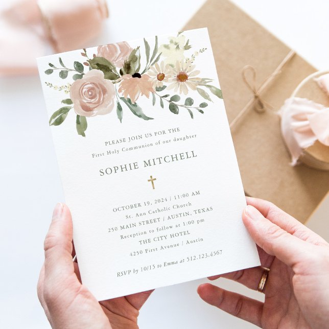 Convite Flores Neutrais Simples De Aquarelas Primeira Comu (Criador carregado)